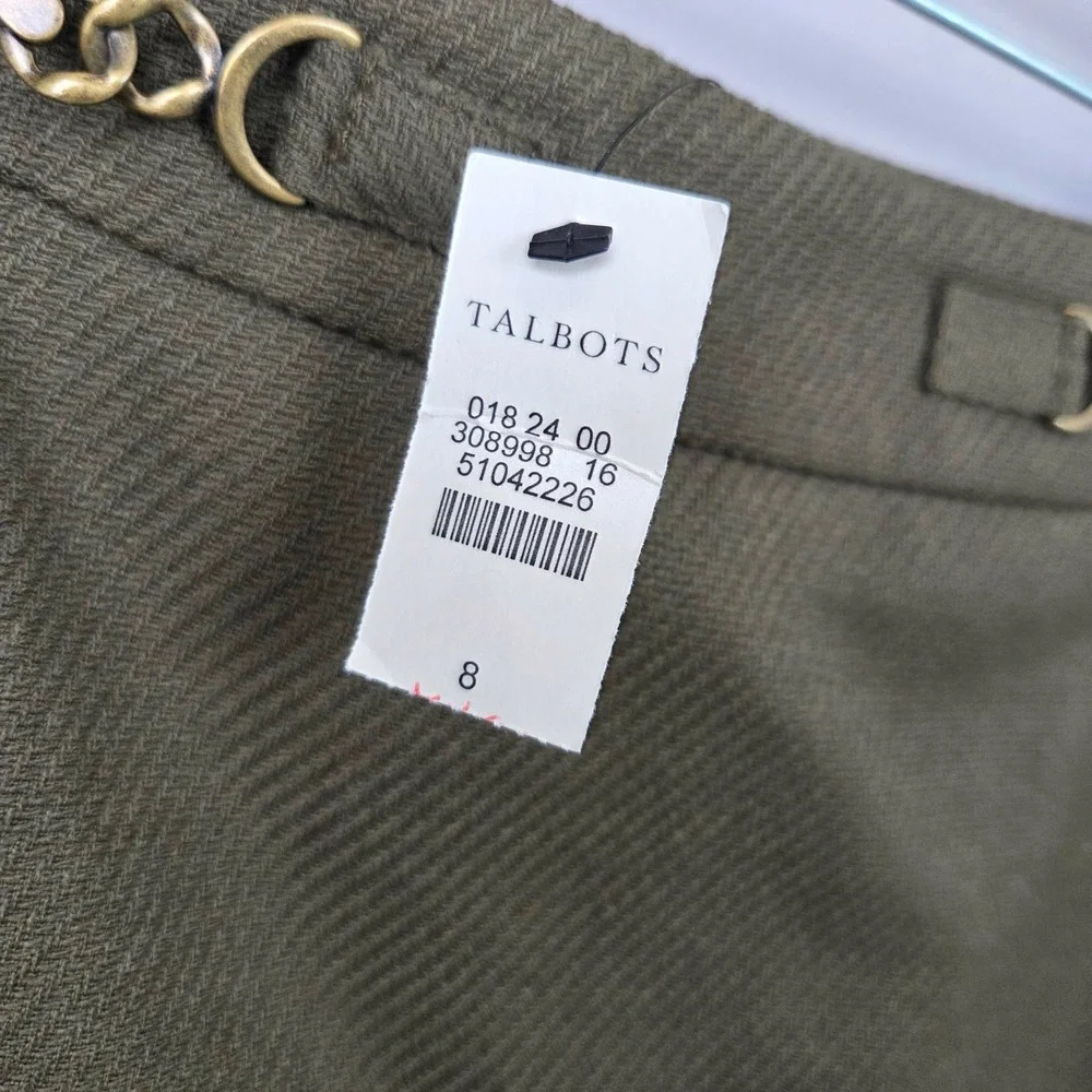 Talbots Olive Army Green Wool Blend Pleated‎ Skirt Chain Detail Size 8 NWT